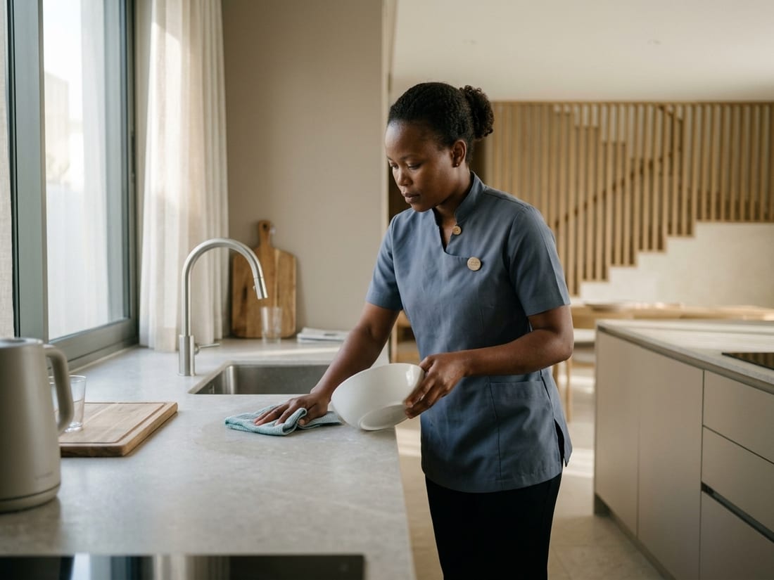 عاملة منزلية من Sarah Home Services تنظّف سطح المطبخ في منزل عائلي بالدمام